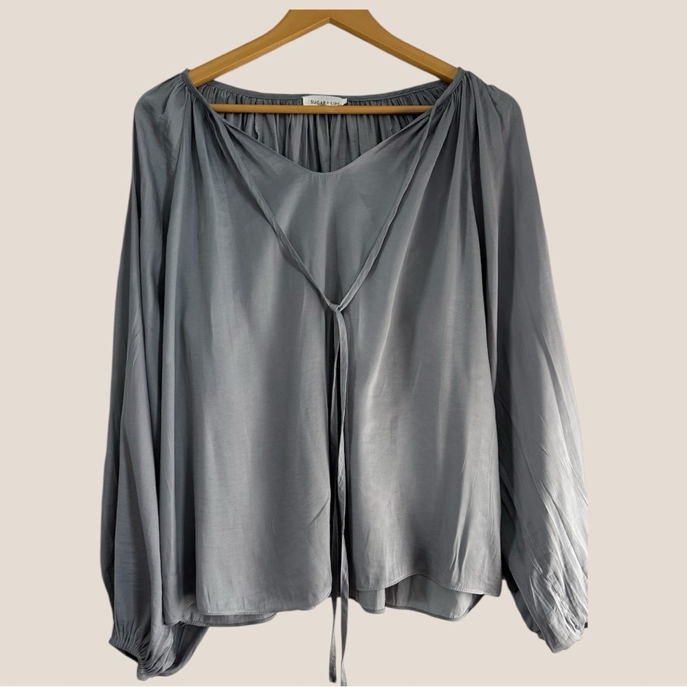 Sugarlips Gray Blue Tie Front Blouse Relaxed Fit